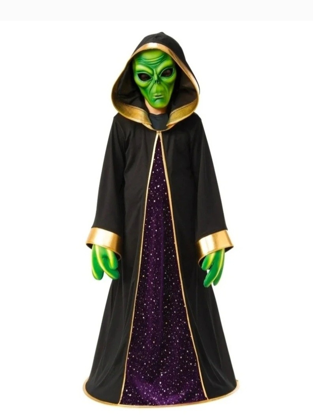 Green Alien Hooded Robe Kid Costume with Purple Inset